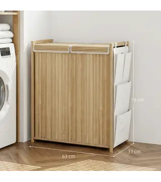Cesto de Ropa Sucia de Bambú con Tapa 120L con 2 Bolsas con Cordón Extraíbles y Lavables Bolsillos Laterales Natural
