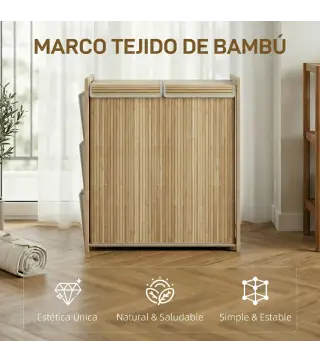 Cesto de Ropa Sucia de Bambú con Tapa 120L con 2 Bolsas con Cordón Extraíbles y Lavables Bolsillos Laterales Natural