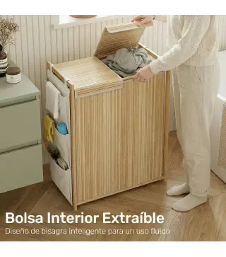 Cesto de Ropa Sucia de Bambú con Tapa 120L con 2 Bolsas con Cordón Extraíbles y Lavables Bolsillos Laterales Natural