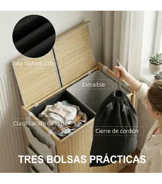Cesto de Ropa Sucia de Bambú con Tapa 120L con 2 Bolsas con Cordón Extraíbles y Lavables Bolsillos Laterales Natural