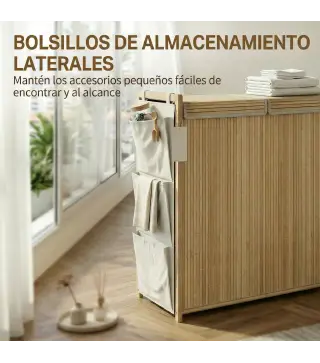 Cesto de Ropa Sucia de Bambú con Tapa 120L con 2 Bolsas con Cordón Extraíbles y Lavables Bolsillos Laterales Natural