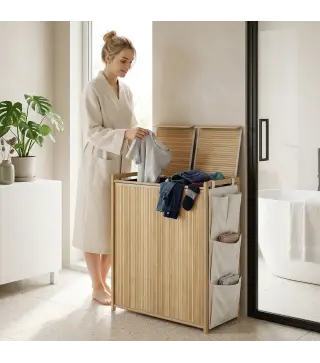 Cesto de Ropa Sucia de Bambú con Tapa 120L con 2 Bolsas con Cordón Extraíbles y Lavables Bolsillos Laterales Natural