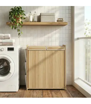 Cesto de Ropa Sucia de Bambú con Tapa 120L con 2 Bolsas con Cordón Extraíbles y Lavables Bolsillos Laterales Natural
