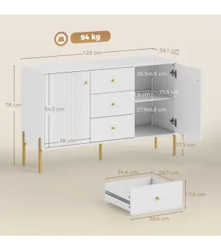 Aparador Moderno de 2 Puertas Aparador de Salón con 3 Cajones Estantes Ajustables Blanco 120x39,1x76 cm