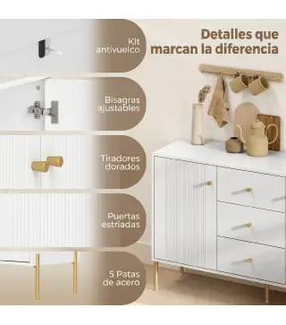 Aparador Moderno de 2 Puertas Aparador de Salón con 3 Cajones Estantes Ajustables Blanco 120x39,1x76 cm