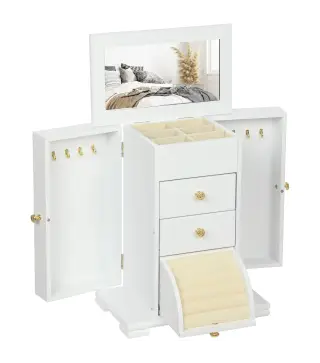 Caja Joyero de 4 Niveles con 2 Cajones Espejo Puertas Laterales con Ganchos para Pendientes Anillos Collares Blanco