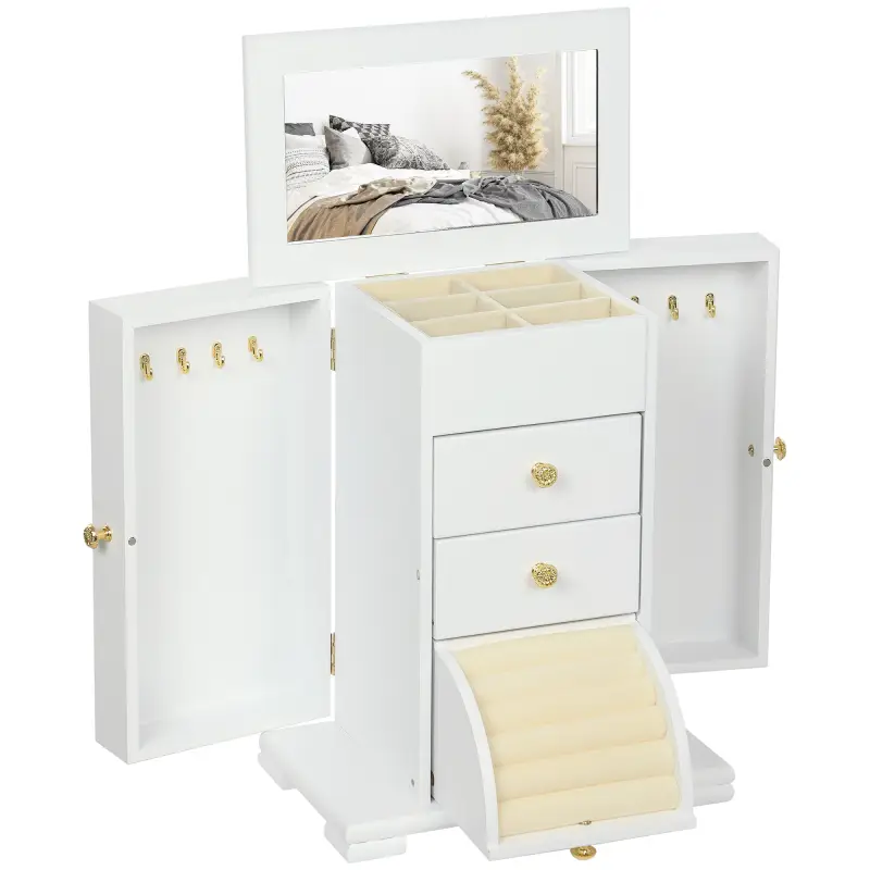 Caja Joyero de 4 Niveles con 2 Cajones Espejo Puertas Laterales con Ganchos para Pendientes Anillos Collares Blanco Caja Joyero de 4 Niveles con 2 Cajones Espejo Puertas Laterales con Ganchos para Pendientes Anillos Collares Blanco