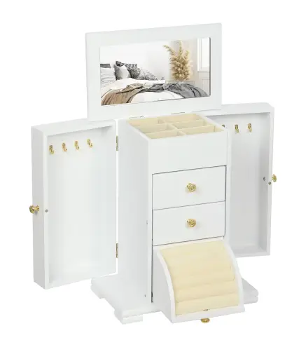 Caja Joyero de 4 Niveles con 2 Cajones Espejo Puertas Laterales con Ganchos para Pendientes Anillos Collares Blanco