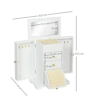 Caja Joyero de 4 Niveles con 2 Cajones Espejo Puertas Laterales con Ganchos para Pendientes Anillos Collares Blanco