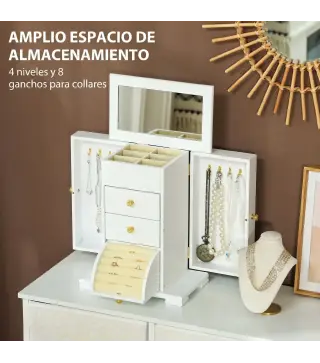 Caja Joyero de 4 Niveles con 2 Cajones Espejo Puertas Laterales con Ganchos para Pendientes Anillos Collares Blanco