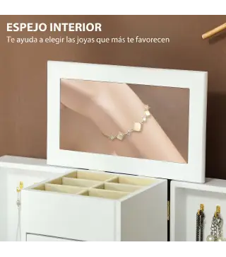 Caja Joyero de 4 Niveles con 2 Cajones Espejo Puertas Laterales con Ganchos para Pendientes Anillos Collares Blanco