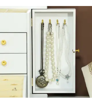 Caja Joyero de 4 Niveles con 2 Cajones Espejo Puertas Laterales con Ganchos para Pendientes Anillos Collares Blanco