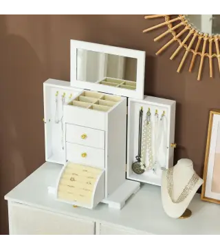 Caja Joyero de 4 Niveles con 2 Cajones Espejo Puertas Laterales con Ganchos para Pendientes Anillos Collares Blanco