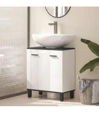 Mueble Bajo Lavabo con 2 Puertas y Estante Ajustable para Lavabo con o sin Pedestal 60x34x70 cm Blanco Brillo