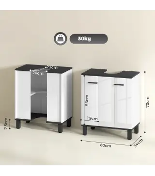 Mueble Bajo Lavabo con 2 Puertas y Estante Ajustable para Lavabo con o sin Pedestal 60x34x70 cm Blanco Brillo