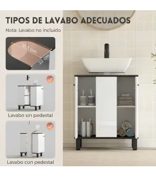 Mueble Bajo Lavabo con 2 Puertas y Estante Ajustable para Lavabo con o sin Pedestal 60x34x70 cm Blanco Brillo