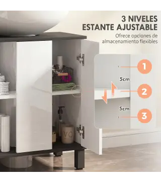 Mueble Bajo Lavabo con 2 Puertas y Estante Ajustable para Lavabo con o sin Pedestal 60x34x70 cm Blanco Brillo