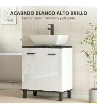 Mueble Bajo Lavabo con 2 Puertas y Estante Ajustable para Lavabo con o sin Pedestal 60x34x70 cm Blanco Brillo