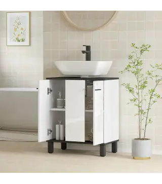 Mueble Bajo Lavabo con 2 Puertas y Estante Ajustable para Lavabo con o sin Pedestal 60x34x70 cm Blanco Brillo