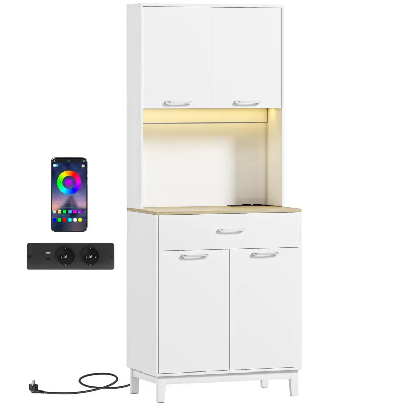 Alacena de Cocina con Luces LED Estación de Carga 4 Puertas Cajón Encimera Abierta 71x40x180 cm Blanco