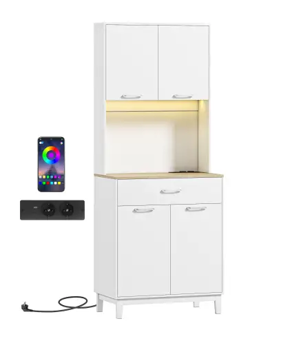 Alacena de Cocina con Luces LED Estación de Carga 4 Puertas Cajón Encimera Abierta 71x40x180 cm Blanco