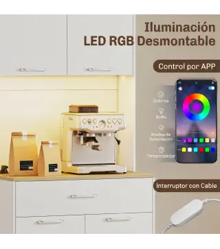 Alacena de Cocina con Luces LED Estación de Carga 4 Puertas Cajón Encimera Abierta 71x40x180 cm Blanco