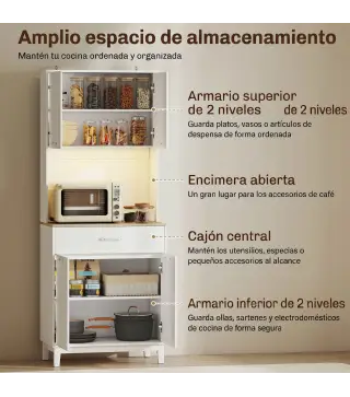 Alacena de Cocina con Luces LED Estación de Carga 4 Puertas Cajón Encimera Abierta 71x40x180 cm Blanco