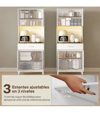 Alacena de Cocina con Luces LED Estación de Carga 4 Puertas Cajón Encimera Abierta 71x40x180 cm Blanco