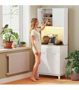 Alacena de Cocina con Luces LED Estación de Carga 4 Puertas Cajón Encimera Abierta 71x40x180 cm Blanco