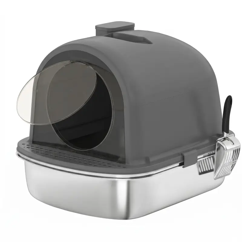 Arenero para Gatos de Acero Inoxidable con Tapa Bolsa Desodorizante Pala Fácil de Limpiar 52,4x41,3x39,9 cm Gris Oscuro