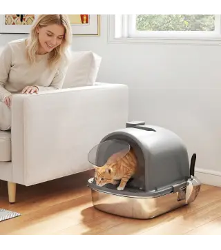 Arenero para Gatos de Acero Inoxidable con Tapa Bolsa Desodorizante Pala Fácil de Limpiar 52,4x41,3x39,9 cm Gris Oscuro
