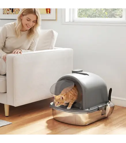 Arenero para Gatos de Acero Inoxidable con Tapa Bolsa Desodorizante Pala Fácil de Limpiar 52,4x41,3x39,9 cm Gris Oscuro