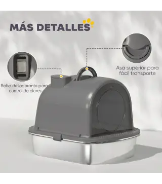 Arenero para Gatos de Acero Inoxidable con Tapa Bolsa Desodorizante Pala Fácil de Limpiar 52,4x41,3x39,9 cm Gris Oscuro