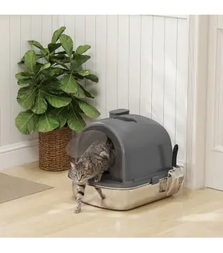 Arenero para Gatos de Acero Inoxidable con Tapa Bolsa Desodorizante Pala Fácil de Limpiar 52,4x41,3x39,9 cm Gris Oscuro