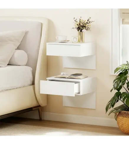 Juego de 2 Mesitas de Noche Flotantes con Cajón Montado en la Pared para Dormitorio 40x35x36,2 cm Blanco Brillo