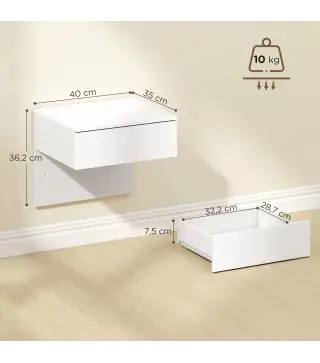 Juego de 2 Mesitas de Noche Flotantes con Cajón Montado en la Pared para Dormitorio 40x35x36,2 cm Blanco Brillo