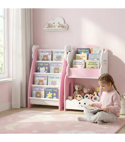 Estantería Infantil de Juguetes 3 en 1 con Librería Revistero y Mesita de Noche para Niños 3-8 Años 85,5x32x72 cm Rosa