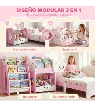 Estantería Infantil de Juguetes 3 en 1 con Librería Revistero y Mesita de Noche para Niños 3-8 Años 85,5x32x72 cm Rosa