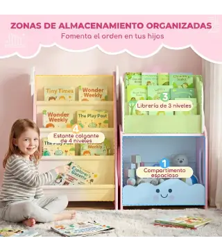 Estantería Infantil de Juguetes 3 en 1 con Librería Revistero y Mesita de Noche para Niños 3-8 Años 85,5x32x72 cm Rosa