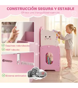 Estantería Infantil de Juguetes 3 en 1 con Librería Revistero y Mesita de Noche para Niños 3-8 Años 85,5x32x72 cm Rosa