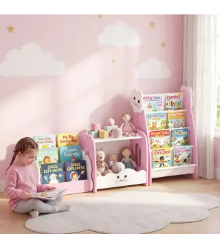 Estantería Infantil de Juguetes 3 en 1 con Librería Revistero y Mesita de Noche para Niños 3-8 Años 85,5x32x72 cm Rosa