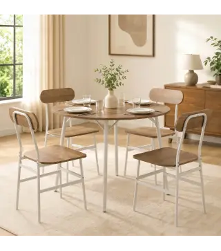 Juego de Mesa y 4 Sillas de Comedor Estilo Industrial Marco Metálico para Espacios Pequeños Salón Natural y Blanco