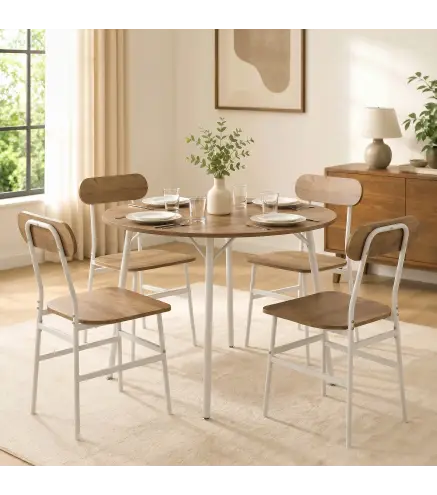 Juego de Mesa y 4 Sillas de Comedor Estilo Industrial Marco Metálico para Espacios Pequeños Salón Natural y Blanco