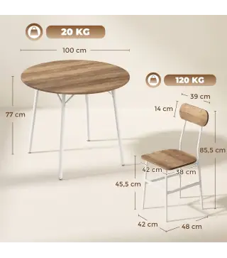 Juego de Mesa y 4 Sillas de Comedor Estilo Industrial Marco Metálico para Espacios Pequeños Salón Natural y Blanco