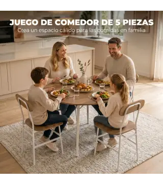 Juego de Mesa y 4 Sillas de Comedor Estilo Industrial Marco Metálico para Espacios Pequeños Salón Natural y Blanco