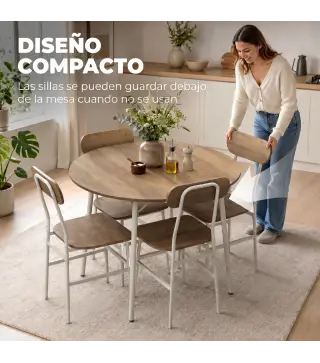 Juego de Mesa y 4 Sillas de Comedor Estilo Industrial Marco Metálico para Espacios Pequeños Salón Natural y Blanco