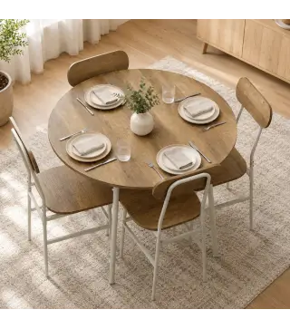 Juego de Mesa y 4 Sillas de Comedor Estilo Industrial Marco Metálico para Espacios Pequeños Salón Natural y Blanco