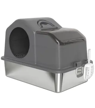 Arenero para Gatos Cubierto con Bandeja de Acero Inoxidable Tapa Extraíble Bordes Altos Fácil de Limpiar Gris Oscuro