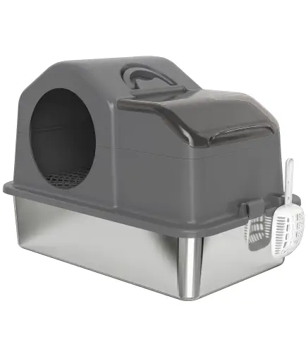 Arenero para Gatos Cubierto con Bandeja de Acero Inoxidable Tapa Extraíble Bordes Altos Fácil de Limpiar Gris Oscuro