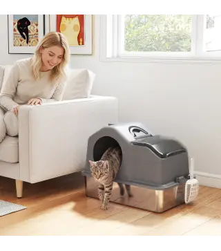 Arenero para Gatos Cubierto con Bandeja de Acero Inoxidable Tapa Extraíble Bordes Altos Fácil de Limpiar Gris Oscuro